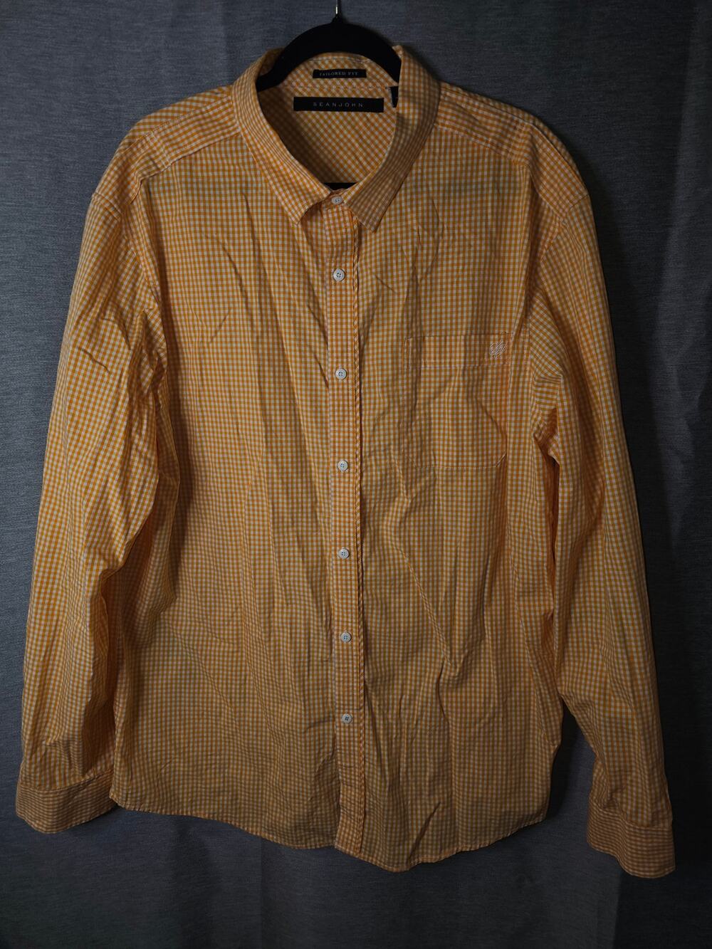 Sean John Mens 3XL Orange Gingham Plaid Shirt Button Up Casual Collared Top